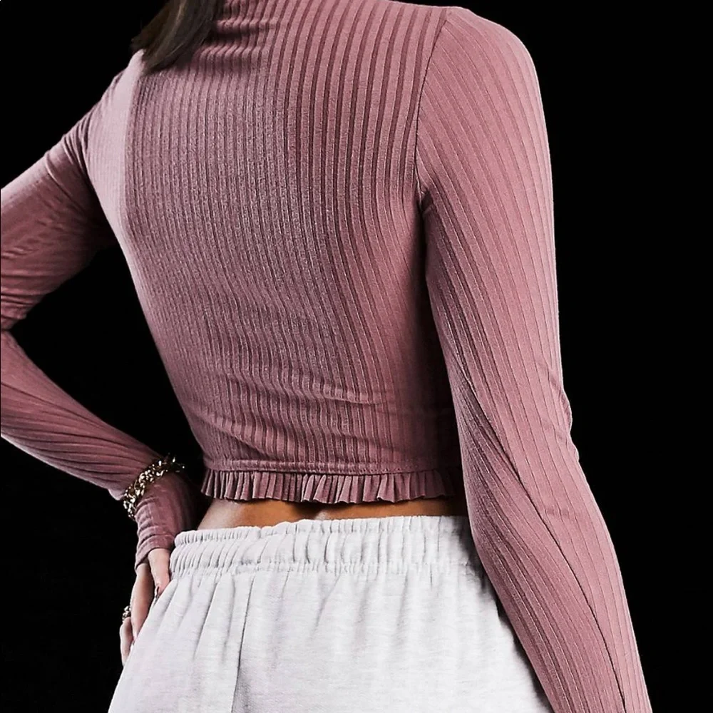 ASYOU Ruffle Edged Ribbed Cardi with Long Sleeves Dusty Pink Size 4 - Picture 2 of 6